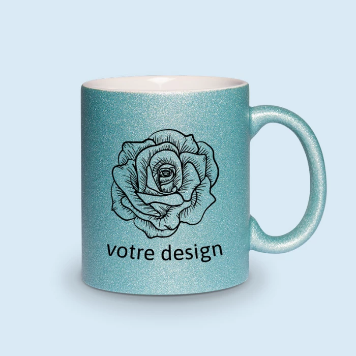 mug bleu à paillettes personnalisé